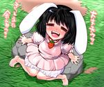  =_= animal_ears bare_legs barefoot black_hair blush bunny_ears carrot grass inaba_tewi open_mouth pink_skirt rock sako_(bosscoffee) short_hair sitting skirt smile solo tears touhou translation_request 