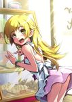  bad_id bad_pixiv_id bare_shoulders blush_stickers dress fang kimoto_kanata long_hair monogatari_(series) nisemonogatari oshino_shinobu pointy_ears solo yellow_eyes 