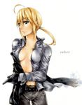  ahoge artoria_pendragon_(all) belt black_gloves blonde_hair breasts fate/zero fate_(series) gloves green_eyes imty jacket long_hair medium_breasts open_clothes open_shirt ponytail saber shirt solo traditional_media watercolor_(medium) 