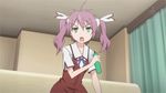  ahoge animated animated_gif bottle gif glue green_eyes hair_accessory hair_ornament hair_ribbon lowres mayo_chiki! purple_hair ribbon school_uniform sexually_suggestive squeeze squeezing twintails usami_masamune what 