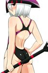  ass competition_swimsuit cosmic_break from_behind hat highres itntn nicole_malice one-piece_swimsuit red_eyes short_hair silver_hair solo staff swimsuit 
