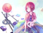  bad_id bad_pixiv_id ball blue_eyes globe holding inazuma_eleven inazuma_eleven_(series) kiyama_hiroto looking_back male_focus red_hair shain_roki shirt sitting soccer_ball solo striped striped_shirt telstar test_tube 