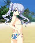  aoi_ringo ass beach bikini blue_hair blush day green_eyes hand_on_hip hoshi_no_ouji-kun long_hair looking_at_viewer looking_back ohara_tometa outdoors palm_tree side-tie_bikini smile solo swimsuit tree twintails 