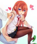  blue_eyes blush brown_legwear heart legwear_under_shorts makise_kurisu necktie nio_(einhorn) pantyhose red_hair red_neckwear shorts simple_background sitting steins;gate white_background 