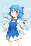 ahoge blue_eyes blue_hair blue_skirt bow cirno deego_(omochi_bazooka) frog frozen frozen_frog hair_bow hand_on_hip short_hair skirt smirk solo sparkle touhou wings 