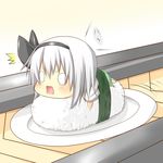  1girl blush chibi conveyor_belt conveyor_belt_sushi food hair_ribbon highres in_food konpaku_youmu lying minigirl nigirizushi o_o on_stomach open_mouth plate ribbon rice shirt short_hair silver_hair skirt solo surprised sushi touhou wakagi_repa 