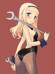  aleksandra_i_pokryshkin ass bare_back bare_shoulders blonde_hair blue_eyes blush brave_witches brown_legwear from_behind hairband leotard long_hair looking_back mirutsu_(milts) pantyhose solo world_witches_series wrench wrist_cuffs 