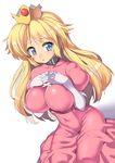  bangs blonde_hair blue_eyes blush breast_squeeze breast_suppress breasts collar covered_navel covered_nipples crown dress dutch_angle elbow_gloves gem gloves gown impossible_clothes impossible_dress interlocked_fingers large_breasts long_hair looking_at_viewer mario_(series) nagase_haruhito no_bra parted_lips pink_dress princess princess_peach puffy_nipples puffy_short_sleeves puffy_sleeves shadow short_sleeves simple_background sitting skin_tight solo super_mario_bros. very_long_hair wariza white_background white_gloves 