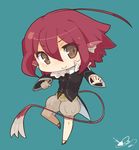  :&gt; ahoge belt brown_eyes chibi fins fish_tail highres jacket katsudansou leg_up original outstretched_hand red_hair shorts smile solo tail 