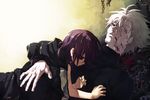  1girl blood blood_on_face child empty_eyes fate/zero fate_(series) hood hoodie matou_kariya matou_sakura purple_eyes purple_hair scr.e turtleneck uncle_and_niece white_hair younger 