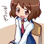  :d blush brown_eyes brown_hair chair eyelashes ikkyuu nanairogaoka_middle_school_uniform necktie open_mouth precure school_uniform sitting smile smile_precure! solo terada_runa translated v_arms 