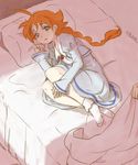  ahiru ahoge bed blue_eyes braid fetal_position full_body light long_hair lying on_bed on_side orange_hair pillow ponytail princess_tutu school_uniform signature single_braid socks solo 