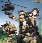  3girls action aircraft ammunition armor assault_rifle bag blonde_hair blue_eyes boots brown_eyes brown_hair camouflage carrying_over_shoulder glasses glock gloves gun handgun headband heckler_&amp;_koch helicopter helmet highres hk416 holding holding_gun holding_weapon load_bearing_vest looking_at_viewer m4_carbine magazine_(weapon) military military_operator military_uniform military_vehicle multiple_girls ocp_(camo) original person_carrying rifle short_hair soldier stuffed_animal stuffed_toy tantu_(tc1995) teddy_bear uh-60_blackhawk uniform us_air_force watch weapon weapon_on_back wristwatch 