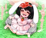  =_= animal_ears bare_legs barefoot black_hair blush bunny_ears carrot grass inaba_tewi open_mouth petting pink_skirt rock sako_(bosscoffee) short_hair sitting skirt smile solo_focus touhou translated 