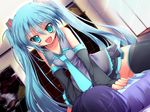  :d aqua_eyes aqua_hair bed blush detached_sleeves dutch_angle hatsune_miku long_hair necktie open_mouth rankiryuu sitting sitting_on_person skirt smile solo_focus straddling thighhighs twintails very_long_hair vocaloid window 