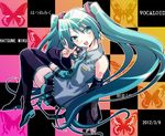  2012 aqua_eyes aqua_hair boots bug butterfly character_name checkered checkered_background dated detached_sleeves hatsune_miku insect komiru long_hair necktie open_mouth sitting skirt solo thigh_boots thighhighs twintails very_long_hair vocaloid 