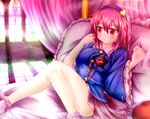  bare_legs bed blush bobby_socks breasts canopy_bed covered_nipples eyeball frilled_pillow frills giorgio_claes hairband highres komeiji_satori medium_breasts on_bed pillow pink_hair red_eyes short_hair sitting socks solo third_eye touhou 