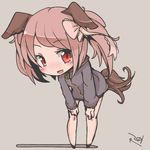  animal_ears blush bow chibi copyright_request dog_ears dog_tail frills hair_ribbon hands_on_own_knees katsudansou leaning_forward pink_hair red_eyes ribbon smile solo sweatshirt tail 