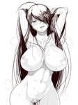  1girl abs armpits arms_up black_hair blush breasts female hair_over_one_eye hips ikkitousen kan'u_unchou kanu_unchou kurofudo large_breasts long_hair looking_at_viewer monochrome navel nipples nude pubic_hair pussy simple_background solo standing sweat toned tongue uncensored very_long_hair wide_hips 