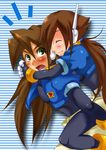  1boy 1girl aile blush bodysuit brown_hair capcom carrying couple eyes_closed gloves green_eyes headphones hug hug_from_behind long_hair love lowres piggyback rockman rockman_zx simple_background smile vent 