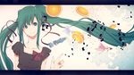  bad_id bad_pixiv_id food fruit green_eyes green_hair hair_ribbon hatsune_miku highres letterboxed long_hair orange ramune ribbon shimashima solo twintails very_long_hair vocaloid 