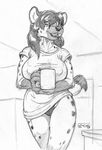  big_breasts black_and_white black_hair breasts canine clothed clothing coffee cup female greyscale hair hyena jenna_kutu ken_sample lips long_hair looking_at_viewer mammal monochrome mug plain_background shirt sketch solo spots spotted_hyena standing thighs thong underwear wide_hips 