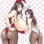  2girls age_difference animal_ears ass back-seamed_legwear bare_back blush breasts breasts_outside brown_eyes brown_hair bunny_ears bunny_girl bunny_tail bunnysuit curvy detached_collar female from_behind gigantic_breasts huge_nipples inomaru leaning_forward long_hair looking_at_viewer looking_back milf mother_and_daughter multiple_girls nipples pantyhose seamed_legwear size_difference standing tail 