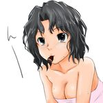  :3 amagami black_eyes black_hair breasts chocolate cleavage food highres medium_breasts mouth_hold short_hair solo suzushiro_nazuna takenoko_no_sato_(food) tanamachi_kaoru towel wet 