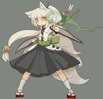  animal_ears arrow bell copyright_request fox_ears fox_tail glowing hair_ornament hair_stick holding katsudansou long_hair multiple_tails ofuda open_mouth pleated_skirt ponytail quiver sandals skirt socks solo tail very_long_hair white_hair white_legwear yellow_eyes 