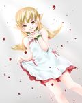  bare_shoulders blonde_hair blush_stickers dress dress_lift grin highres long_hair monogatari_(series) nisemonogatari oshino_shinobu petals pointy_ears smile solo wasabi_(legemd) yellow_eyes 