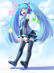 black_legwear blue_eyes blue_hair boots detached_sleeves hair_ribbon hatsune_miku headset heart heart-shaped_pupils highres long_hair musical_note necktie open_mouth patricia_(stylish_marunage) ribbon shirt skirt smile solo symbol-shaped_pupils thigh_boots thighhighs twintails v_arms vocaloid 