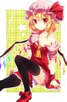  ascot bare_shoulders black_legwear blonde_hair blush breasts cleavage flandre_scarlet hat hat_ribbon kohaku. off_shoulder pointy_ears red_eyes red_footwear ribbon shirt shoes sitting skirt skirt_set small_breasts solo star thighhighs torn_clothes touhou wings wrist_cuffs 