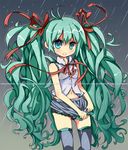  adapted_costume alci-chan aqua_eyes aqua_hair clothes_grab hair_ribbon hatsune_miku lace long_hair navel rain ribbon see-through skirt sleeveless solo thighhighs twintails vocaloid watermark web_address wet 