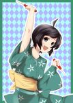  araragi_tsukihi black_eyes black_hair checkered checkered_background dual_wielding holding ice_pick japanese_clothes kimono monogatari_(series) nisemonogatari short_hair solo tenkomori_(bug_kura) 