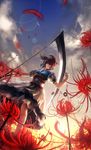  arm_up bad_id bad_pixiv_id blue_sky cloud coin field flower flower_field from_below kzcjimmy lens_flare obi onozuka_komachi petals red_eyes red_hair sash scythe shirt skirt sky solo spider_lily touhou two_side_up 