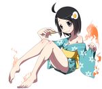  araragi_tsukihi black_eyes black_hair fire highres ice_pick japanese_clothes kimono monogatari_(series) nisemonogatari off_shoulder paro short_hair solo 