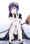  apron black_hair broom hands_on_own_cheeks hands_on_own_face hrd knees_together_feet_apart maid maid_headdress mary_janes original shoes short_hair sitting smile solo thighhighs white_legwear 