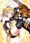  bare_shoulders belt blonde_hair blue_eyes buckle chainsaw hair_ornament hair_ribbon hairclip headphones kagamine_rin kei-suwabe ribbon short_hair shorts skull solo vocaloid 