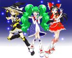  :d adapted_costume alternate_hairstyle bike_shorts black_footwear black_hair blonde_hair blue_eyes boots bow braid cure_black cure_white dress eyelashes futari_wa_precure green_eyes green_hair hair_bow hakurei_reimu hat highres kirisame_marisa knee_boots kochiya_sanae long_hair ltd_border multiple_girls open_mouth parody precure shiny_luminous short_hair shorts shorts_under_skirt single_braid smile style_parody touhou twintails white_footwear witch_hat yellow_eyes 