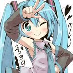  39 2012 arm_up armpits blue_eyes blue_hair blush character_name dated detached_sleeves givuchoko hair_ribbon hand_on_hip hatsune_miku heart long_hair necktie one_eye_closed ribbon shirt skirt smile solo twintails vocaloid 