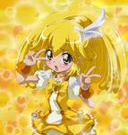 blonde_hair blush bow choker cure_peace double_v eyelashes hair_flaps hair_ornament head_wings heart highres kise_yayoi looking_at_viewer magical_girl precure puffy_sleeves skirt smile_precure! solo tisk v wide_ponytail yellow yellow_background yellow_bow yellow_choker yellow_eyes yellow_skirt 