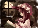  book character_name crescent dated fuukadia_(narcolepsy) hat long_hair patchouli_knowledge profile purple_hair red_eyes solo touhou window 