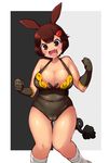  :d animal_ears bad_id bad_pixiv_id belly blush breasts brown_hair cleavage fang gen_5_pokemon gloves hizuki_akira knees_together_feet_apart large_breasts leotard open_mouth personification pignite plump pokemon short_hair smile solo standing tail v-shaped_eyebrows 