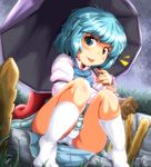  :p blue_eyes blue_hair grass graveyard heterochromia hips karakasa_obake kneehighs panties pantyshot pantyshot_(sitting) purple_umbrella red_eyes short_hair sitting skirt smile solo sotoba striped striped_panties tatara_kogasa teasing tongue tongue_out touhou trefoil umbrella underwear white_legwear wide_hips yoriyuki_chiyo 