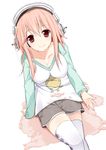  argyle argyle_legwear bad_id bad_pixiv_id blush breasts cleavage from_above headphones large_breasts long_hair looking_at_viewer looking_up nitroplus pink_eyes pink_hair shorts simple_background sitting smile soburi solo super_sonico thighhighs white_legwear 