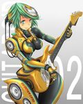  android ao_usagi bodysuit cable cassette_player cd_player electric_guitar green_eyes green_hair guitar hips instrument orange_bodysuit original plectrum short_hair smile solo speaker usb wide_hips 