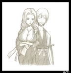  1girl bleach breasts cleavage closed_eyes gyno-kun ichimaru_gin japanese_clothes jewelry large_breasts long_hair matsumoto_rangiku mole mole_under_mouth monochrome necklace short_hair sketch sword weapon 