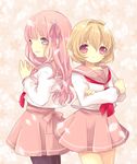  back-to-back bad_id bad_pixiv_id black_legwear blonde_hair blush crossed_arms grey_eyes hair_ribbon hands_together kosuzume long_hair multiple_girls neckerchief open_mouth original pantyhose petals pink_eyes pink_hair ribbon school_uniform serafuku shirt short_hair skirt smile 