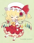  bad_id bad_pixiv_id blonde_hair blue_flower blue_rose blush bow character_name chibi closed_eyes fang flandre_scarlet flower hair_flower hair_ornament haru_(kyou) hat hat_ribbon heart laevatein open_mouth red_flower red_rose ribbon rose shirt short_hair side_ponytail skirt skirt_set smile solo touhou wings wrist_cuffs 