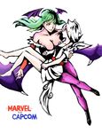  amaterasu animal_ears bare_shoulders barefoot bat_wings breasts capcom carrying cleavage company_connection demon_girl green_eyes green_hair head_wings large_breasts long_hair marvel_vs._capcom marvel_vs._capcom_3 morrigan_aensland multiple_girls ookami_(game) pantyhose personification princess_carry shan_(sunny18s) short_hair succubus vampire_(game) white_hair wings wolf_ears 